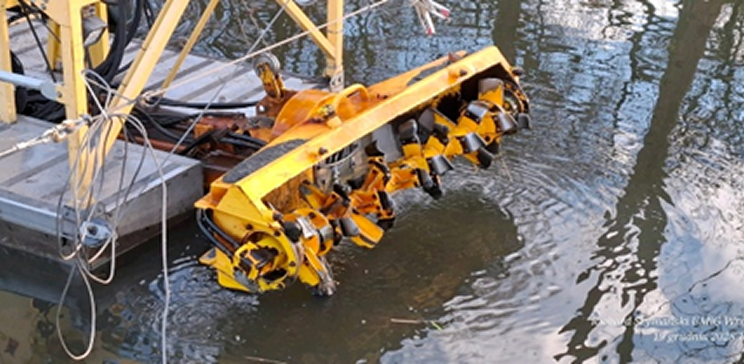 Two people work along the edge of a stream as part of planting or streambank maintenance activities.