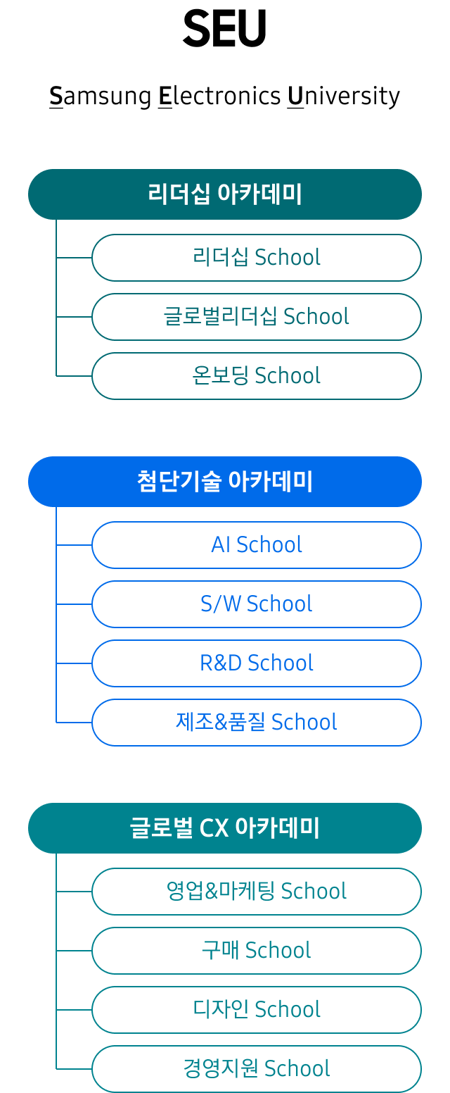 SEU(Samsung Electronics University) 교육 체계 다이어그램. 3개 아카데미와 각 하위 스쿨로 구성됨.
