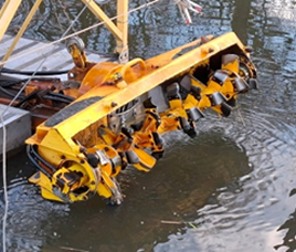 Two people work along the edge of a stream as part of planting or streambank maintenance activities.