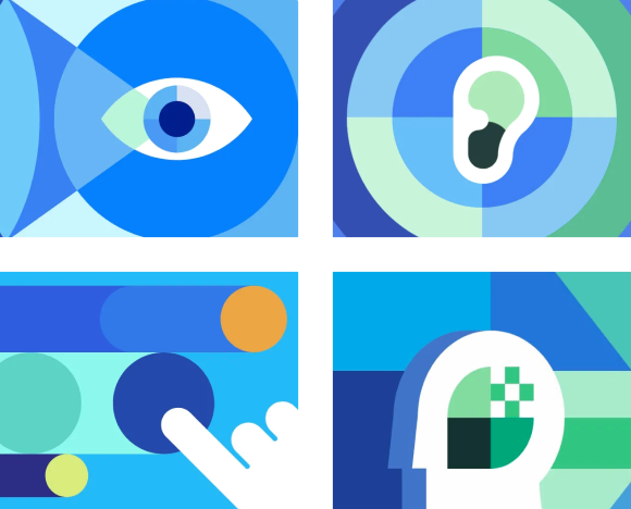 Four icons representing the types of Samsung accessibility features: Vision, hearing, mobility, and cognition.