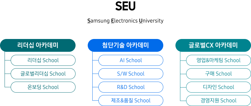 SEU(Samsung Electronics University) 교육 체계 다이어그램. 3개 아카데미와 각 하위 스쿨로 구성됨.
