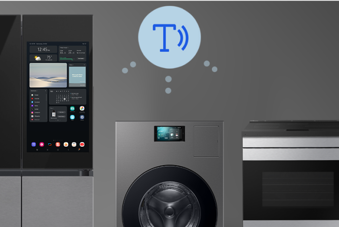 세 가지 가전이 스마트싱스 토크백 말풍선으로 연결된 모습