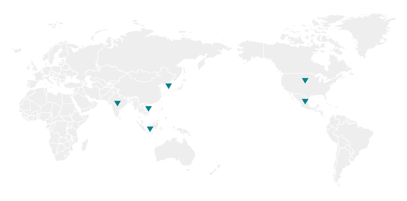 An image showing the outcomes and progress of DX Division's water replenishment programs on a world map. Teal downward-pointing triangles represent project locations in South Korea, Vietnam, India, Indonesia, the United States, and Mexico.
