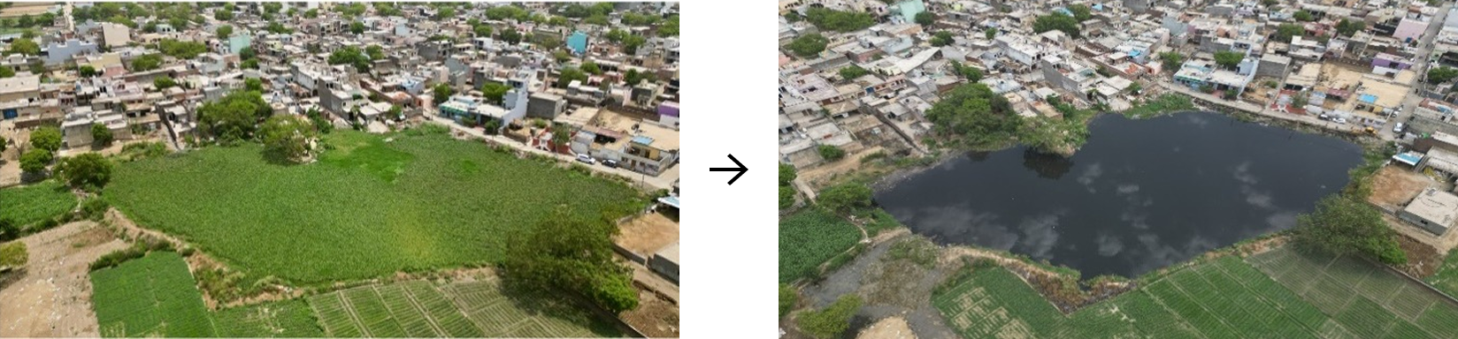 Aerial views of a reservoir near New Delhi, India, before and after restoration. The left shows a dry area covered with vegetation, while the right shows the restored reservoir, cleared of vegetation and waste, now filled with water.
